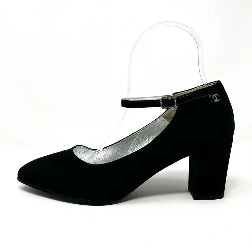 Chanel Black Satin Silver CC Logo Mary Jane Janes High Heels Pumps 37 6 6.5